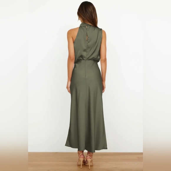 NEW Chic Draped Wrap Halter Neck Satin Midi Dress Olive Green - Picture 5 of 10